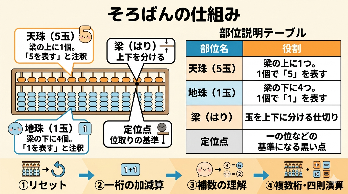 そろばんの仕組み図解|天珠・地珠・梁・定位点と学習ステップ